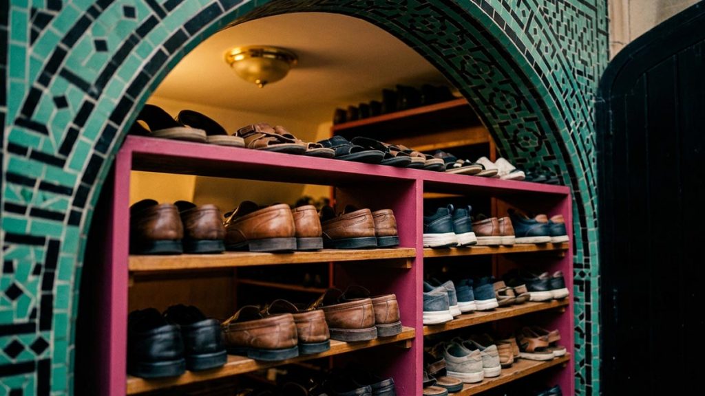 A still-life of rows of shoes neatly arranged on a rack at a mosque entrance, illustrating the Dua When Entering the Mosque.