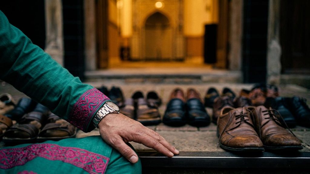 Close view of a Muslim man's hands and the rows of shoes neatly arranged during the Dua When Entering the Mosque.