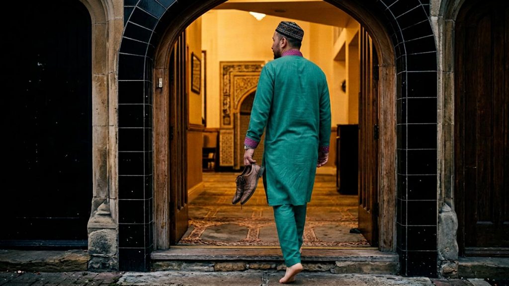 A Muslim man seen from behind at the arched entrance of a neighbourhood mosque, reflecting the Dua When Entering the Mosque.