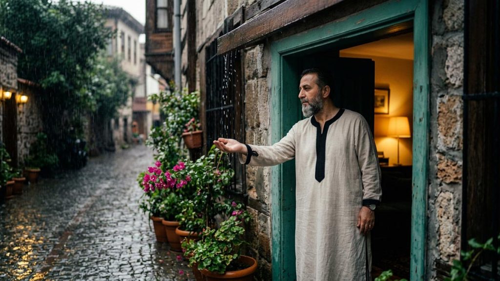 A Muslim man at an open doorway as rain falls steadily outside, an opening scene for the Dua When It Rains.