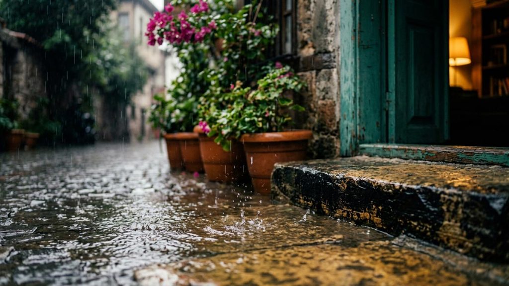 A still-life of rain falling into a courtyard puddle beside a doorstep, illustrating the Dua When It Rains.