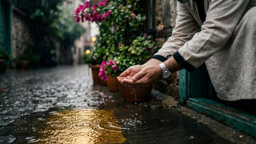 Close view of a Muslim man's hands and the rain falling into a courtyard puddle during the Dua When It Rains.