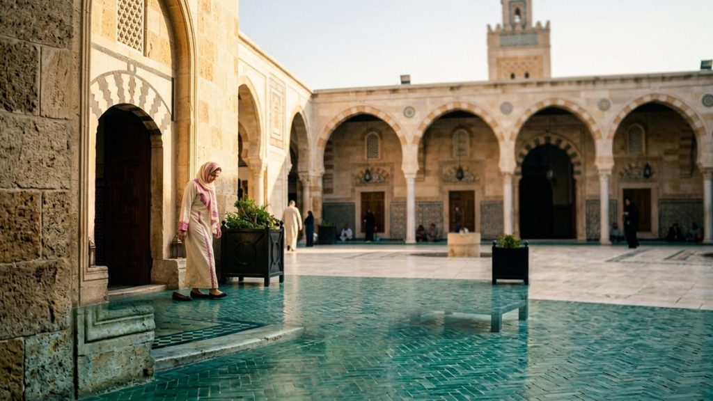 A Muslim woman in the courtyard just outside a mosque doorway, an opening scene for the Dua When Leaving the Mosque.