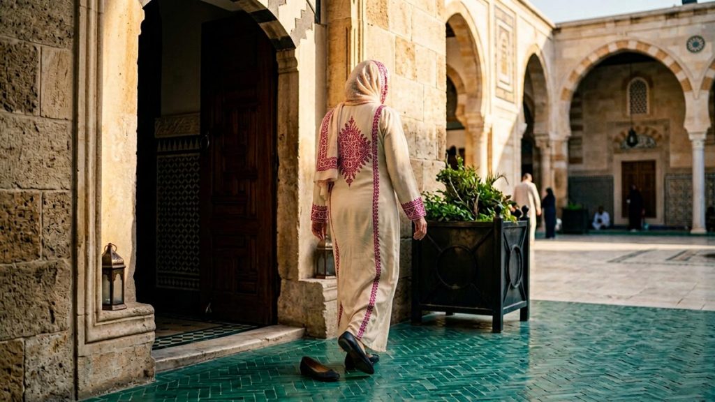 A Muslim woman seen from behind in the courtyard just outside a mosque doorway, reflecting the Dua When Leaving the Mosque.
