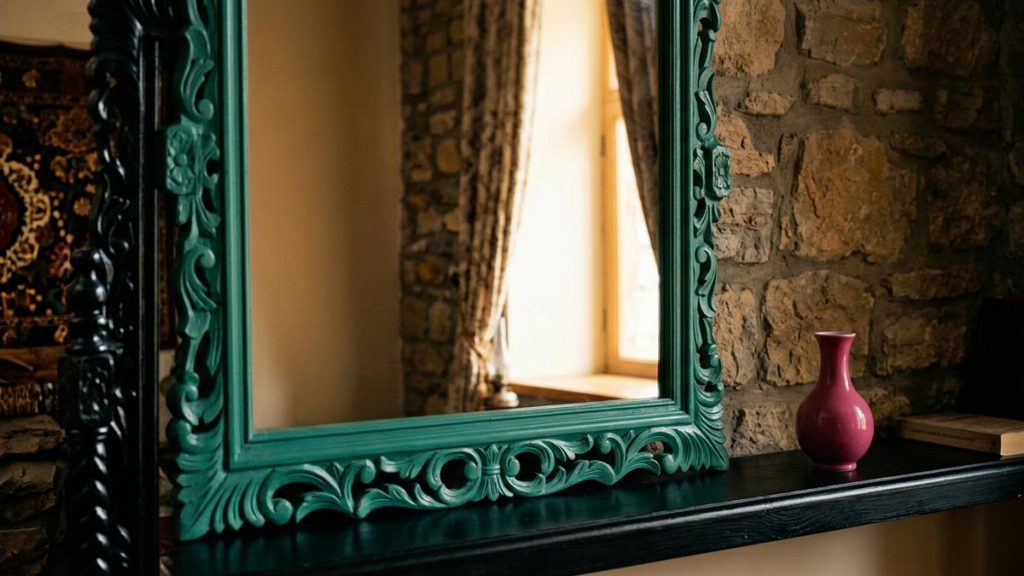 A still-life of a framed mirror reflecting a softly lit empty room, illustrating the Dua When Looking in the Mirror.