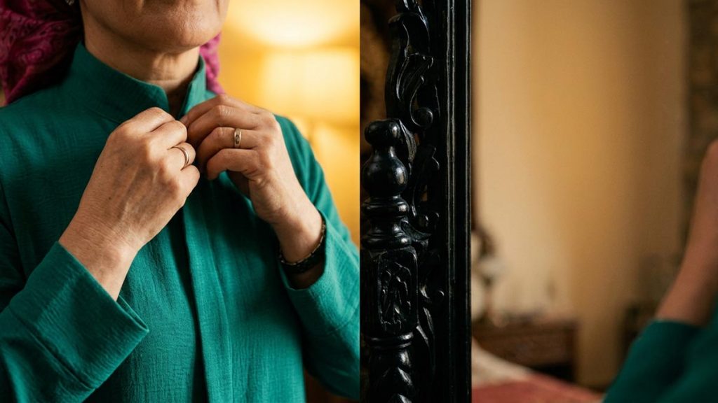 Close view of a Muslim woman's hands and the framed mirror reflecting a softly lit empty room during the Dua When Looking in the Mirror.