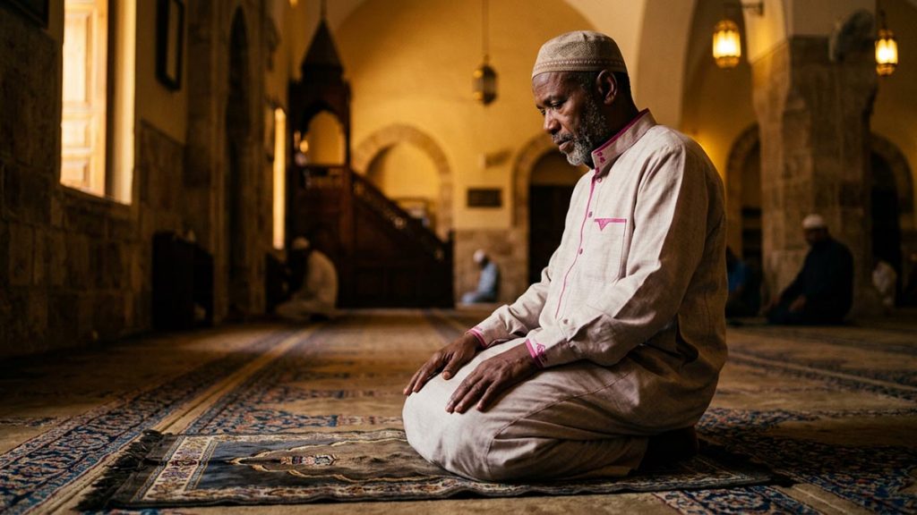 A Muslim man seated on a prayer mat in a calm prayer hall, an opening scene for the Durood Ibrahim.