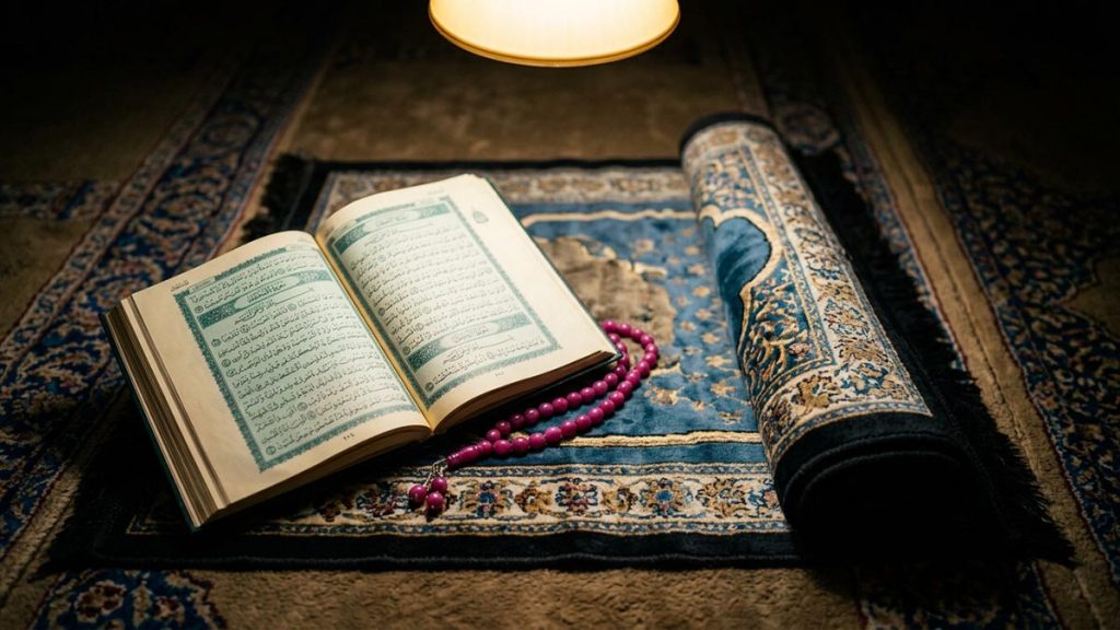 A still-life of an open book of blessings resting beside a prayer mat, illustrating the Durood Ibrahim.