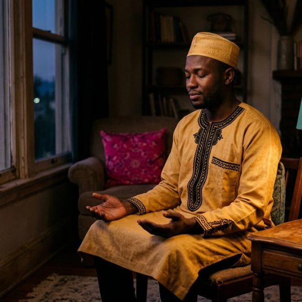 A Muslim man making the Evening Dua, in a warm living room as dusk settles.
