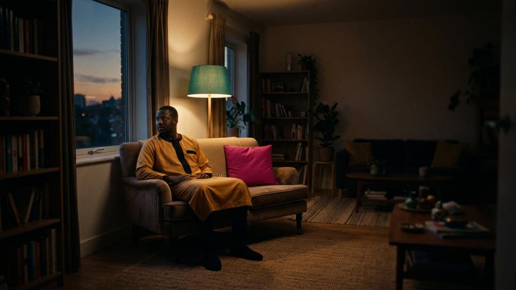 A Muslim man in a warm living room as dusk settles, an opening scene for the Evening Dua.