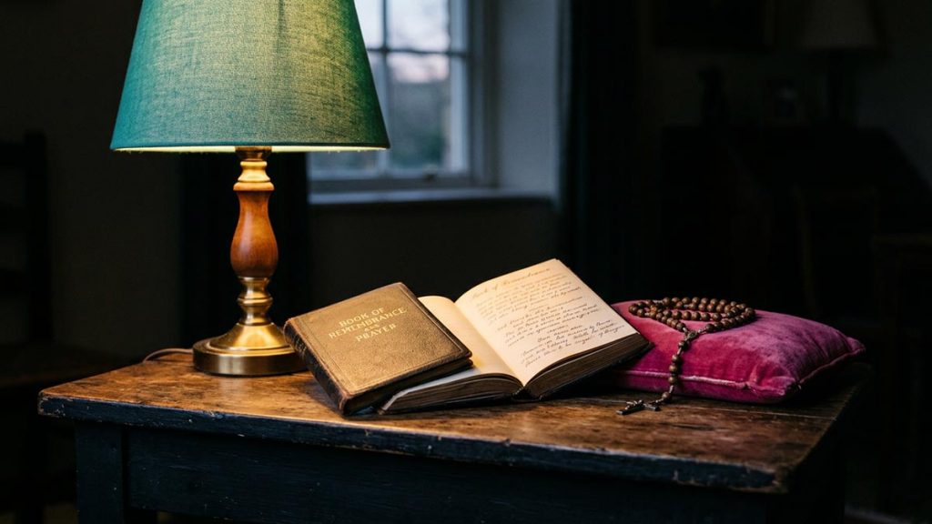 A still-life of a lit table lamp, an open book of remembrance and prayer beads on a side table at dusk, illustrating the Evening Dua.