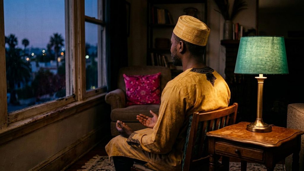 A Muslim man seen from behind in a warm living room as dusk settles, reflecting the Evening Dua.