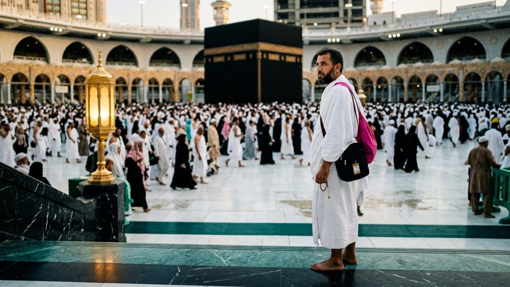 A Muslim pilgrim in the courtyard during the final circuits before departure, an opening scene for the Farewell Tawaf Dua.