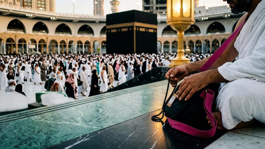 Close view of a Muslim pilgrim's hands and the departure bag during the Farewell Tawaf Dua.