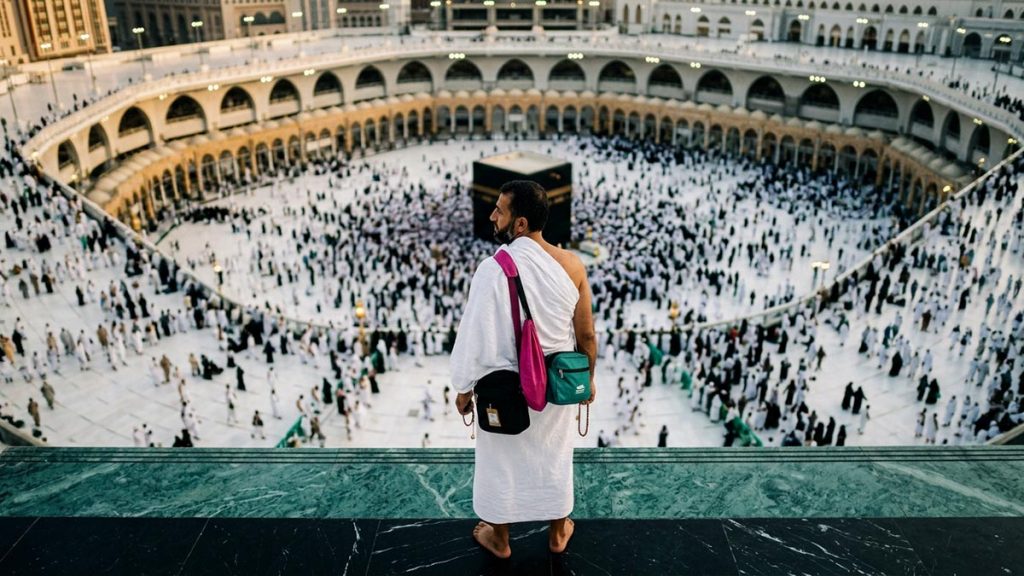 A Muslim pilgrim seen from behind in the courtyard during the final circuits before departure, reflecting the Farewell Tawaf Dua.