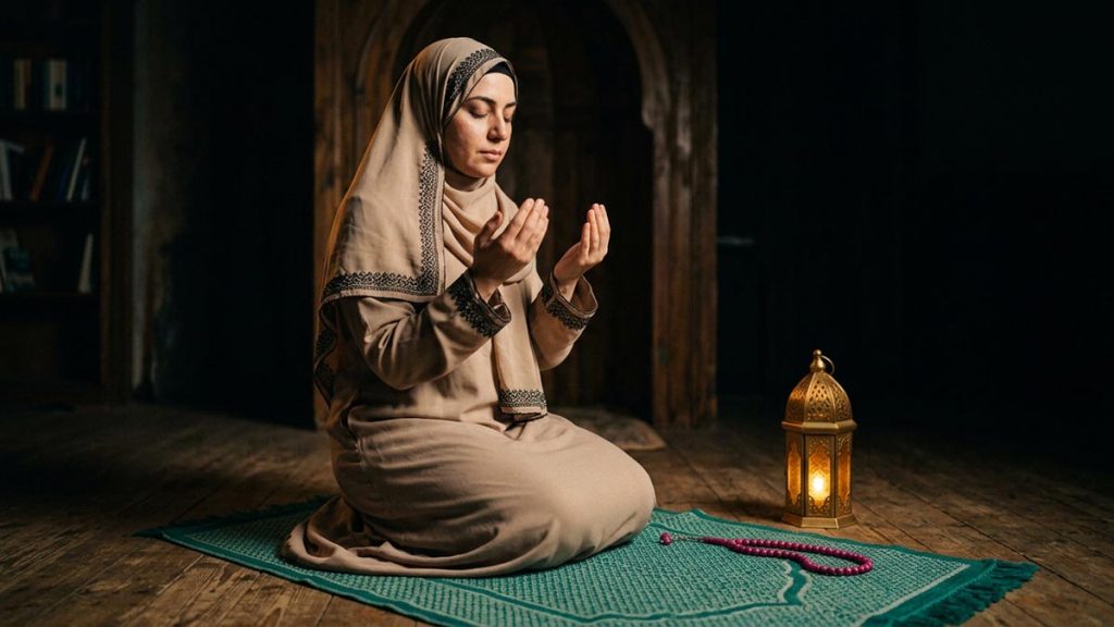 A Muslim woman on a prayer mat at night after praying two units, an opening scene for the Istikharah Dua.