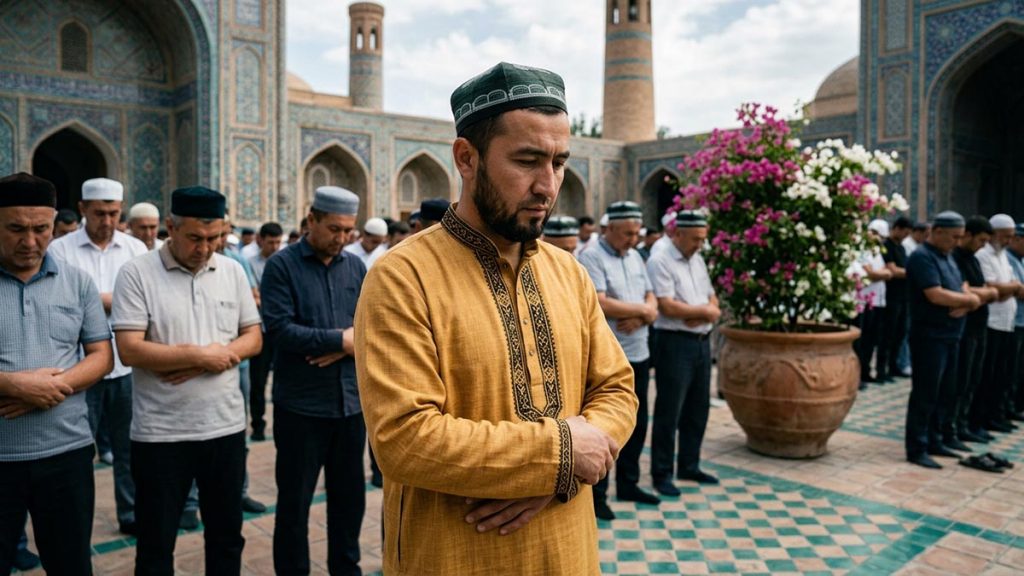 A Muslim man in a mosque courtyard where rows stand for the funeral prayer, an opening scene for the Janazah Dua.