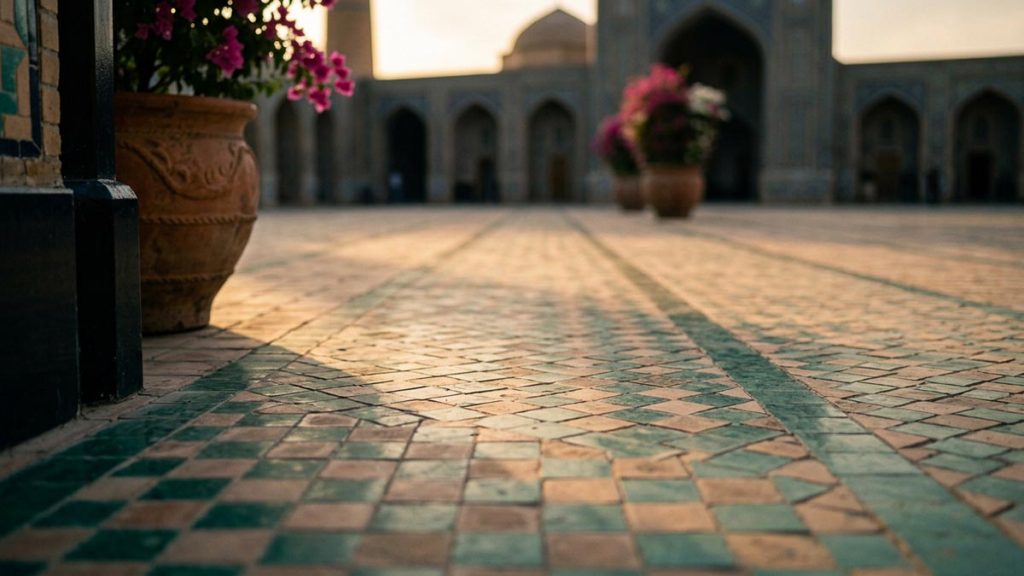 A still-life of empty prayer rows marked across a courtyard in first light, illustrating the Janazah Dua.