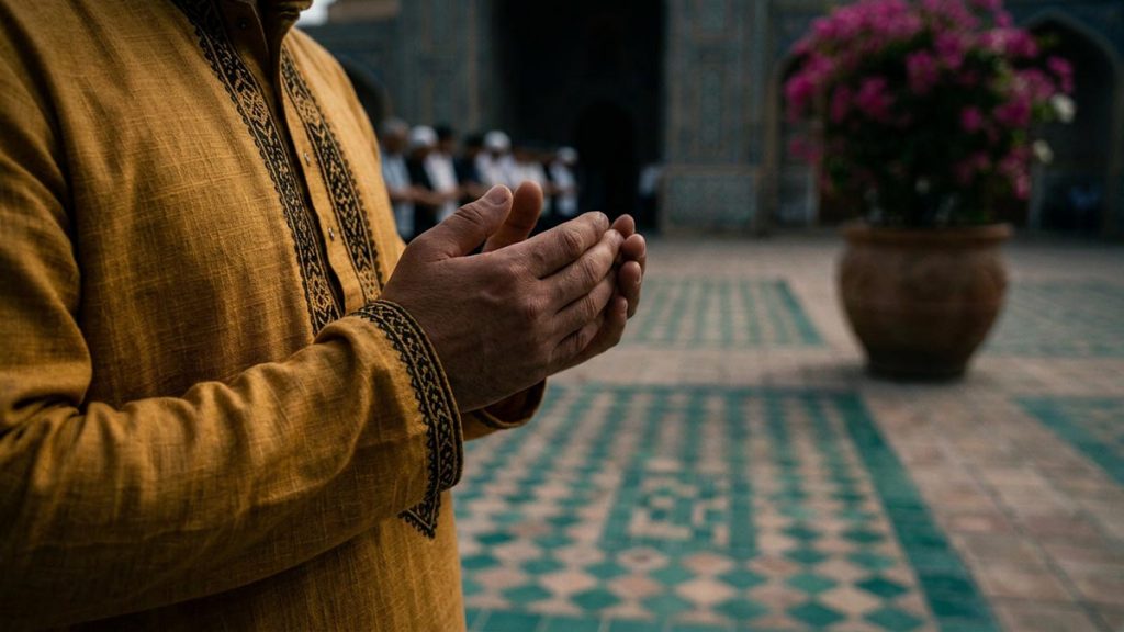 Close view of a Muslim man's hands and the empty prayer rows during the Janazah Dua.