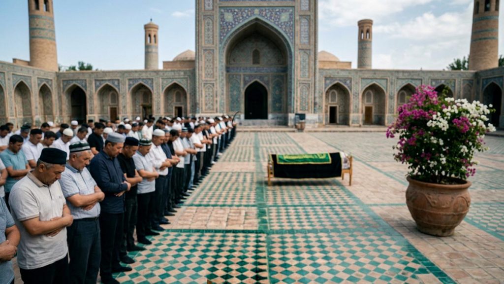 A Muslim man seen from behind in a mosque courtyard where rows stand for the funeral prayer, reflecting the Janazah Dua.