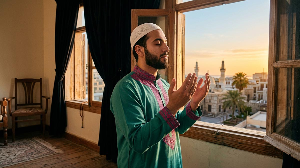 A Muslim man making the Morning Dua, in a sunlit bedroom just after dawn.