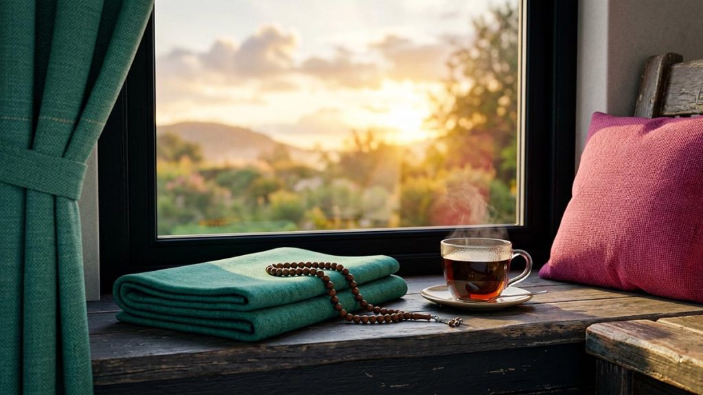 A still-life of a folded prayer mat, a cup of tea and prayer beads on a windowsill at sunrise, illustrating the Morning Dua.