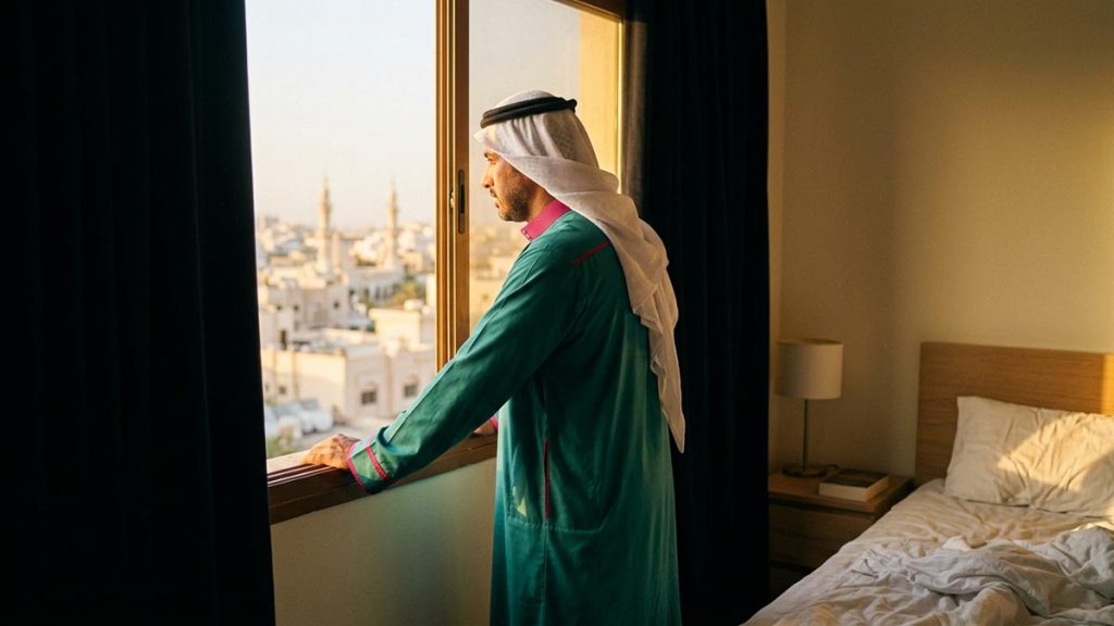 A Muslim man seen from behind in a sunlit bedroom just after dawn, reflecting the Morning Dua.