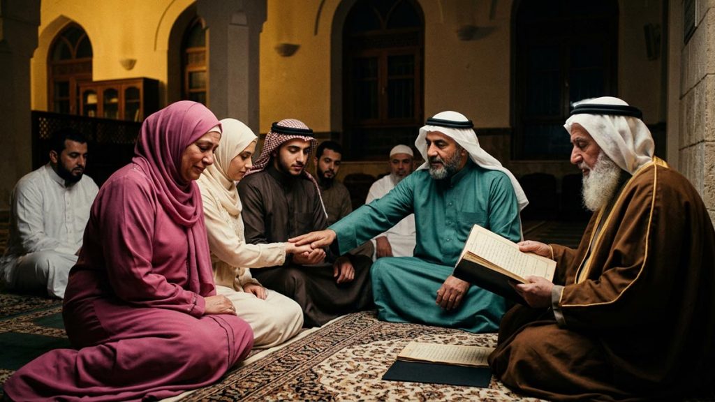 A Muslim family in a mosque hall during the marriage contract, an opening scene for the Nikah Dua.