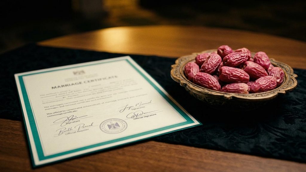 A still-life of a signed marriage document and a bowl of dates on a table, illustrating the Nikah Dua.