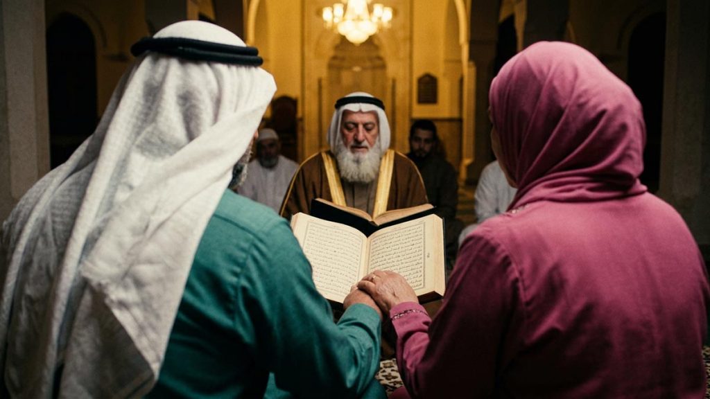 A Muslim family seen from behind in a mosque hall during the marriage contract, reflecting the Nikah Dua.