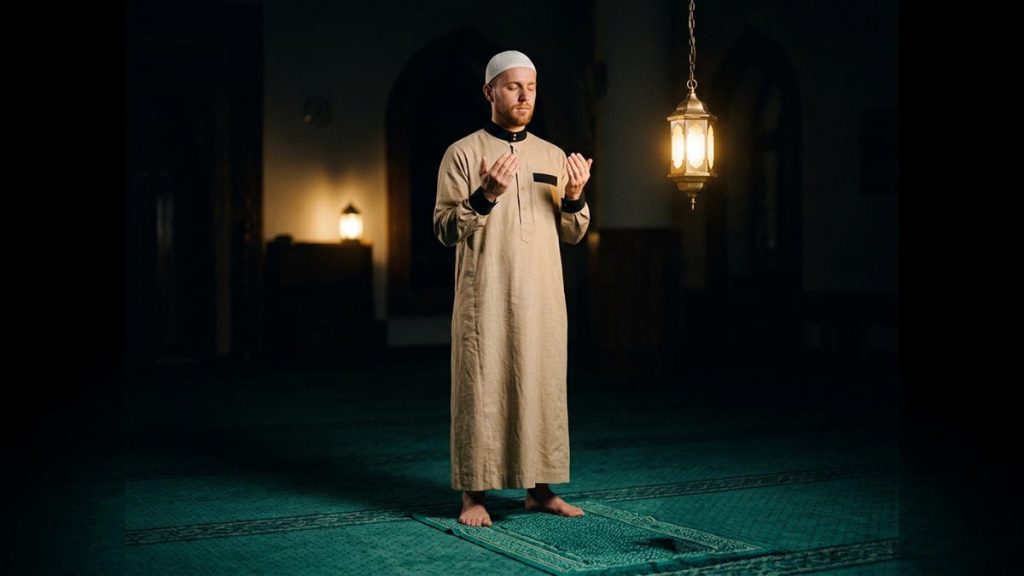 A Muslim man on a prayer mat in the last part of the night, an opening scene for the Qunoot al-Witr.