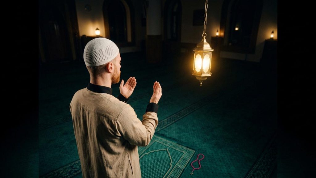 A Muslim man seen from behind on a prayer mat in the last part of the night, reflecting the Qunoot al-Witr.