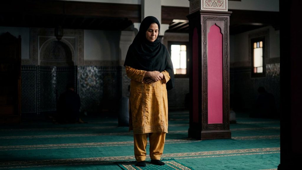 A Muslim woman standing on a prayer mat with palms open before the chest, an opening scene for the Qunoot Dua.