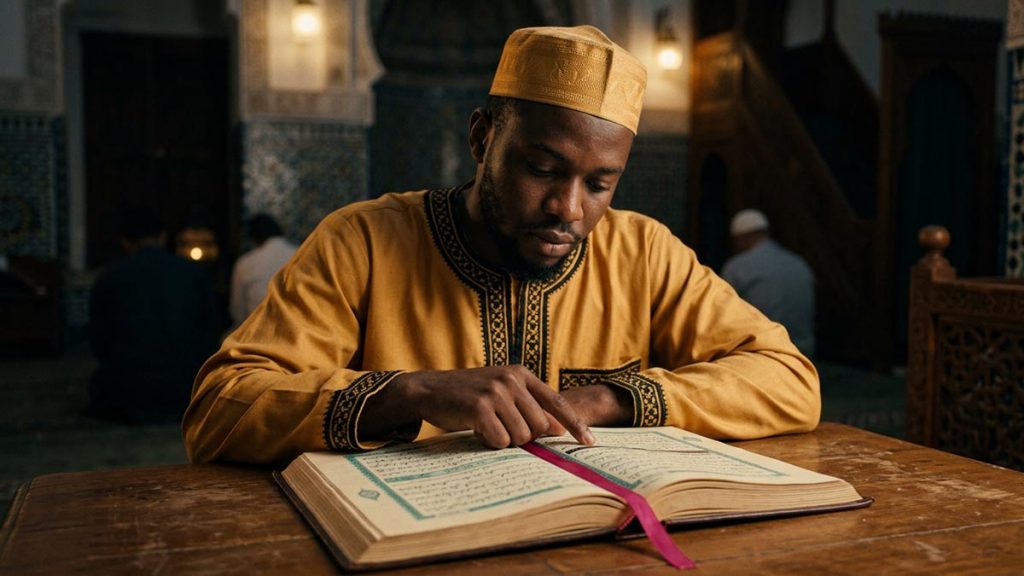 A Muslim man at a reading table with the Quran open and marked, an opening scene for the Rabbana Duas.