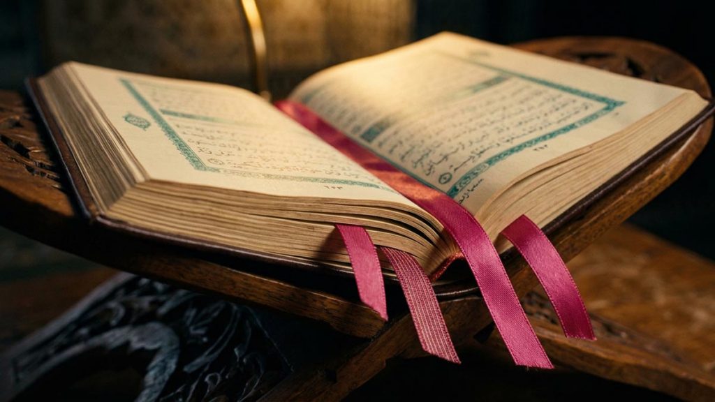 A still-life of an open Quran with several ribbon markers between its pages, illustrating the Rabbana Duas.