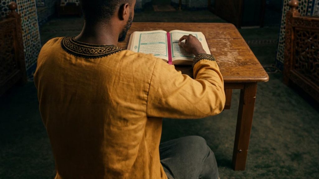A Muslim man seen from behind at a reading table with the Quran open and marked, reflecting the Rabbana Duas.