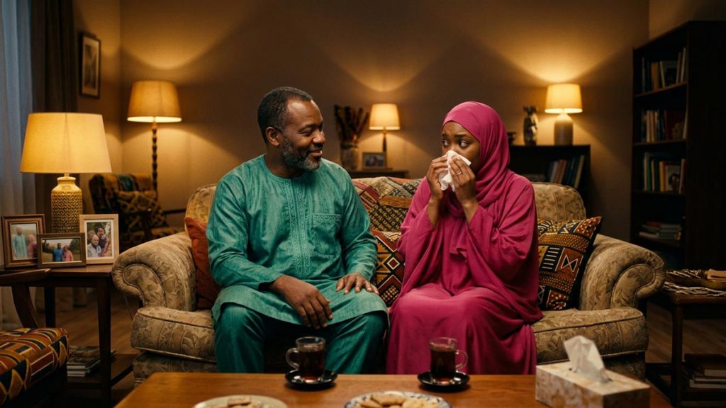 A Muslim family in a warm sitting room where two friends sit together, an opening scene for the Reply to the One Who Sneezes.