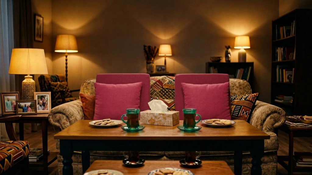 A still-life of two tea glasses and a tissue box on a low table between two chairs, illustrating the Reply to the One Who Sneezes.