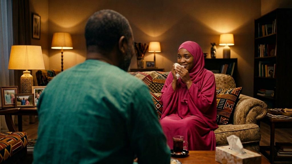A Muslim family seen from behind in a warm sitting room where two friends sit together, reflecting the Reply to the One Who Sneezes.