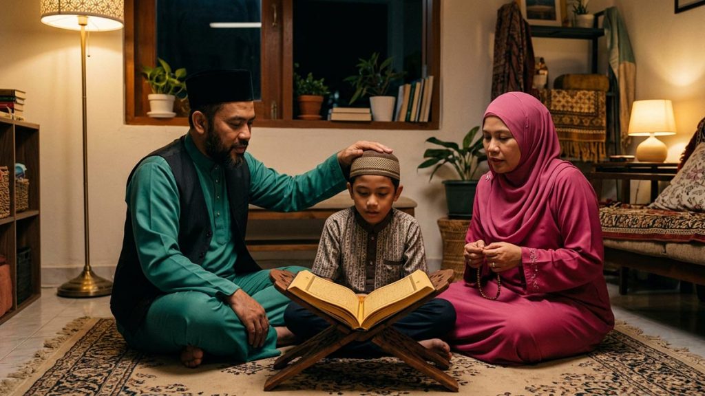 A Muslim family in a calm sitting room with an open Quran, an opening scene for the Ruqyah Duas.