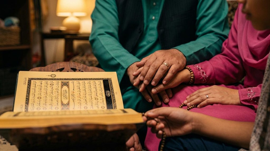 Close view of a Muslim family's hands and the open Quran during the Ruqyah Duas.