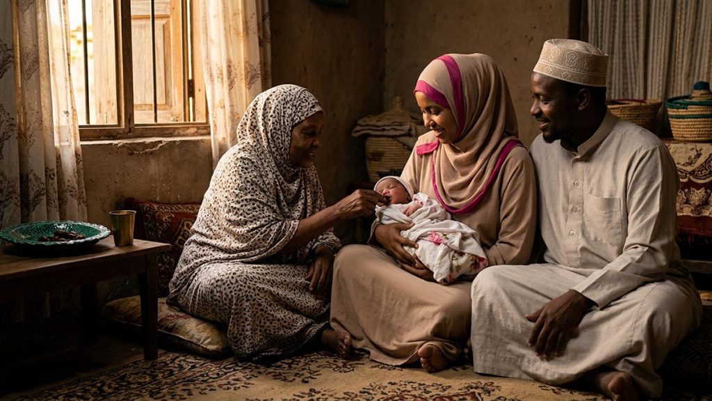 A Muslim family in a warm family room where a newborn is welcomed, an opening scene for the Tahneek Dua.