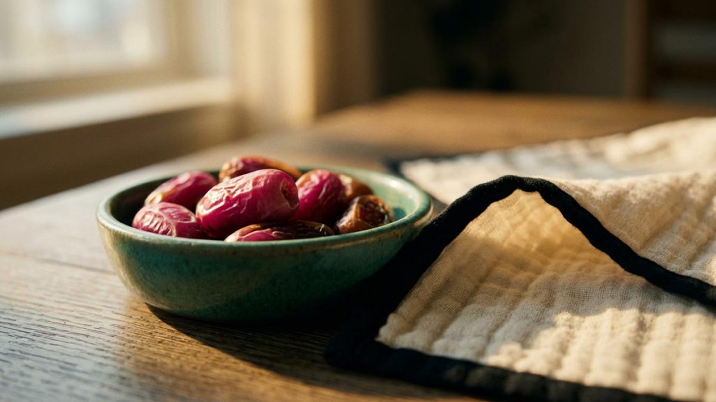A still-life of a small dish of soft dates beside a swaddling blanket, illustrating the Tahneek Dua.
