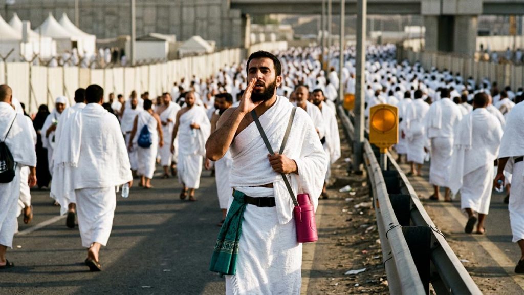 A Muslim pilgrim on a pilgrimage road with pilgrims travelling in white, an opening scene for the Talbiyah.