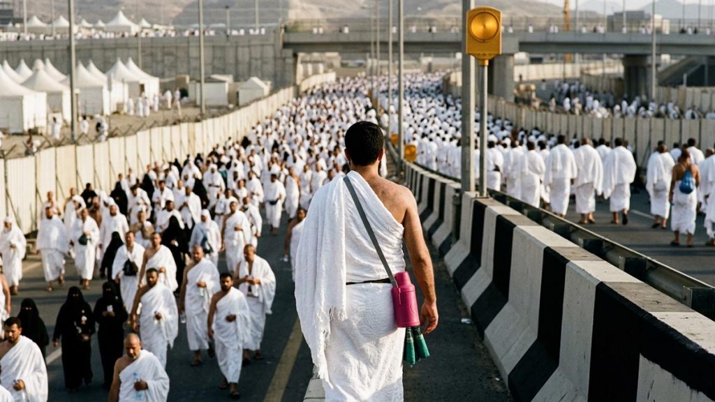 A Muslim pilgrim seen from behind on a pilgrimage road with pilgrims travelling in white, reflecting the Talbiyah.