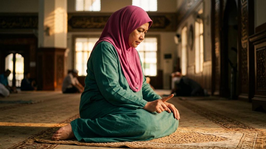 A Muslim woman seated on a prayer mat in the final sitting of the prayer, an opening scene for the Tashahhud Dua.