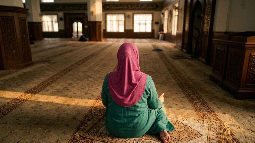 A Muslim woman seen from behind seated on a prayer mat in the final sitting of the prayer, reflecting the Tashahhud Dua.