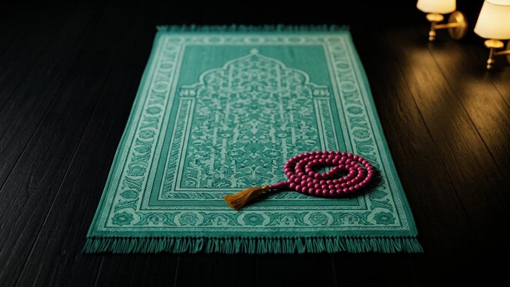 A still-life of a prayer mat in the final sitting position with beads to one side, illustrating the Tashahhud Dua.