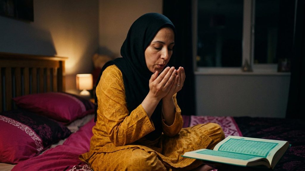 A Muslim woman in a bedroom at night before sleep, an opening scene for the The Three Quls.