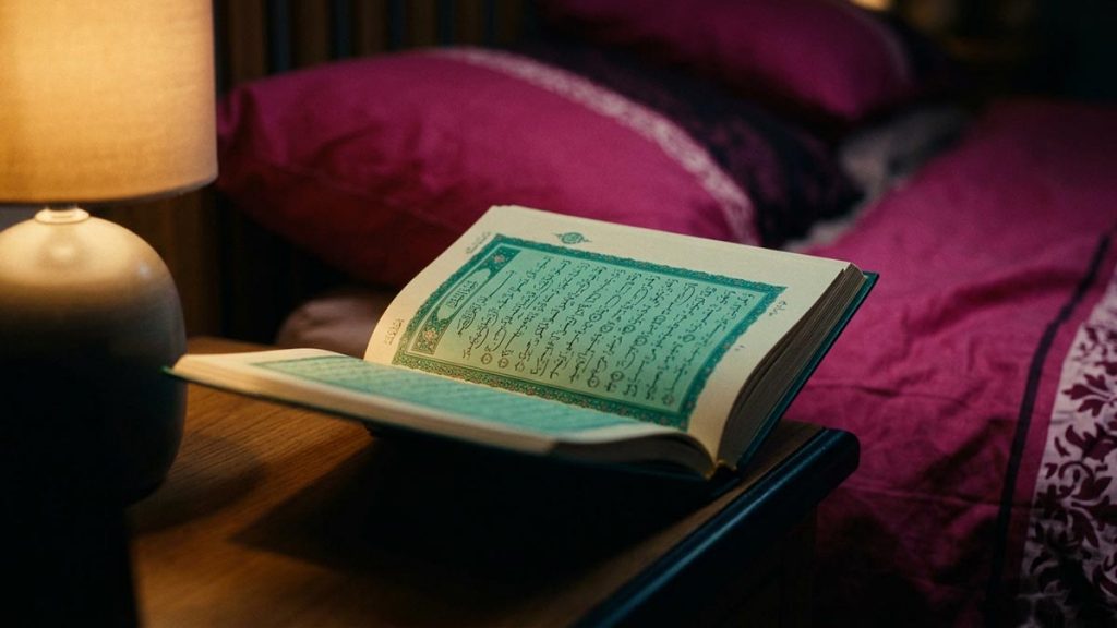 A still-life of an open Quran turned to its final pages beside a bedside lamp, illustrating the The Three Quls.